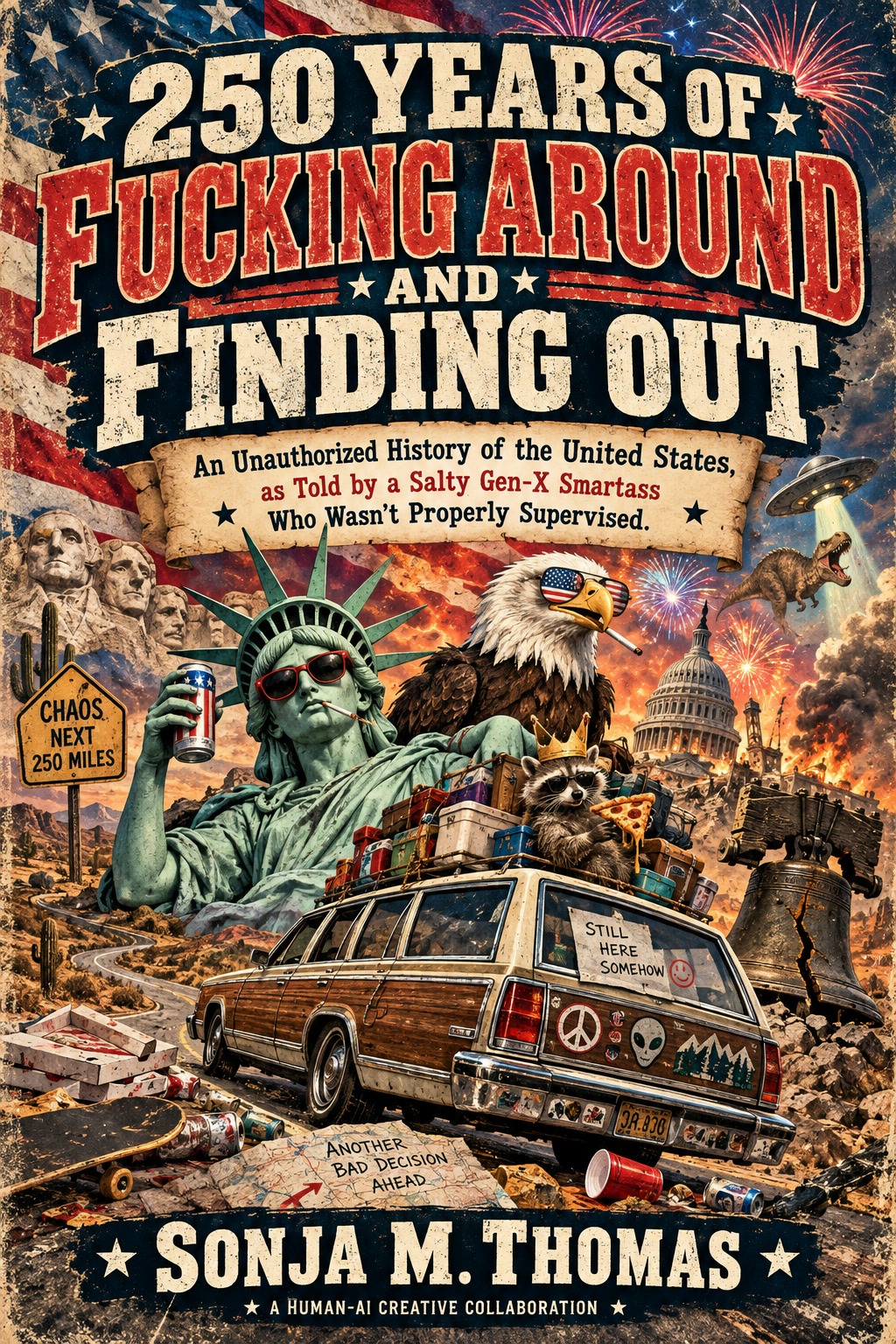 250 Years of Fucking Around and Finding Out book cover by Sonja M. Thomas, featuring the Statue of Liberty, an eagle, and a battered station wagon